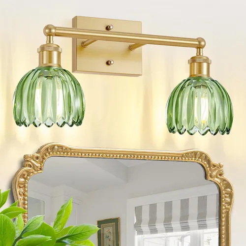 Vista 15 de Lámparas de baño vintage, 2 luces rústicas de tocador para baño, pasillo, luces de tocador de latón de 16.5 pulgadas, lámparas de tulipán