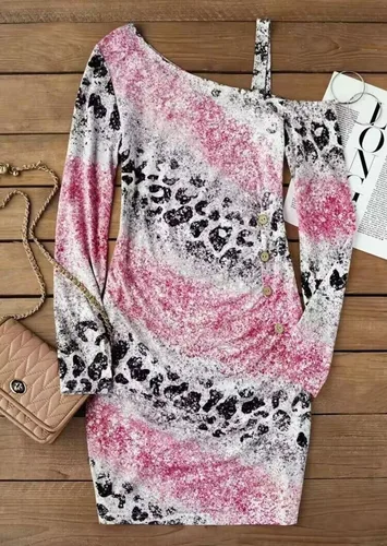 Vista 2 de Vestido corto fruncido con botones degradados de leopardo para mujer, vestido de hombro descubierto de una cara, vestido sexy de manga larga