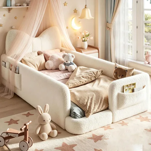 Vista 21 de Cama de suelo tapizada de tamaño matrimonial con valla y bolsillos, cama de Cama de suelo tapizada de tamaño matrimonial con listones y cabecero
