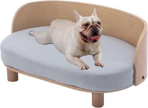 Vista 10 de CuisinSmart Sofá para perro, camas para perros con cojín extraíble, sofá para mascotas con patas de madera maciza y respaldo de madera doblada, sofá