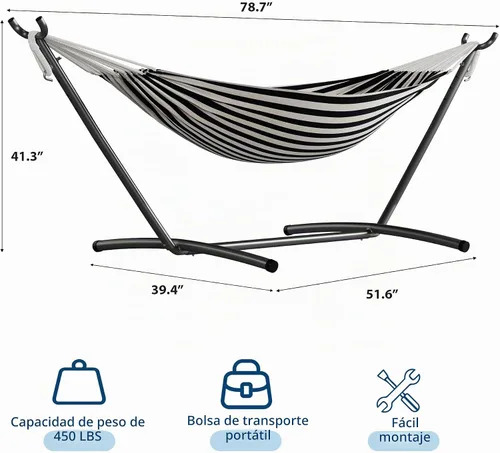 Vista 7 de GarveeLife Hamaca doble para 2 personas, hamaca de pie para interiores y exteriores con soporte de acero que ahorra espacio, bolsa de transporte