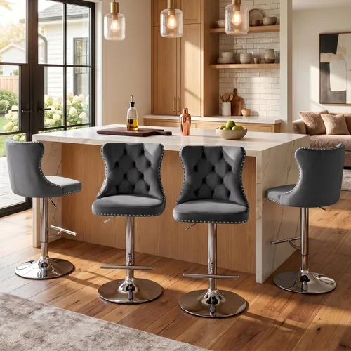 Vista 229 de SoarFlash Juego de 2 taburetes de bar tapizados de terciopelo moderno con patas de madera, botones acolchados, cabeza de clavo cromada, asiento