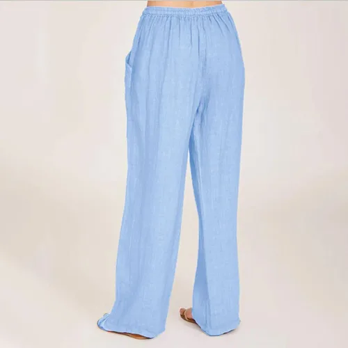 Vista 3 de Pantalones de algodón recortados de cintura elástica de color sólido para mujer