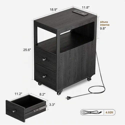 Vista 2 de Mesa auxiliar estrecha con estación de carga y ruedas, mesa auxiliar de sofá estrecha móvil con puertos USB y salidas para espacio pequeño, sala