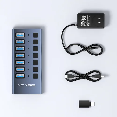 Vista 6 de Hub USB 3.2 alimentado, concentrador USB 3.2 de 7 puertos ACASIS con velocidad de datos de 10 Gbps, carcasa de aluminio, concentrador USB alimentado