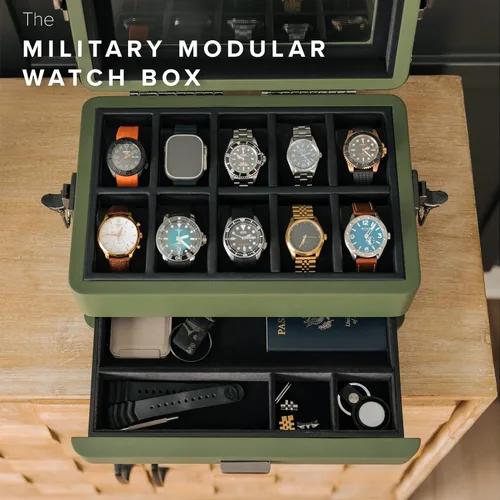 Vista 2 de CASE ELEGANCE Caja organizadora militar de 10 ranuras para reloj, para hombres, parte superior de cristal real, bandeja modular de valet, compatible