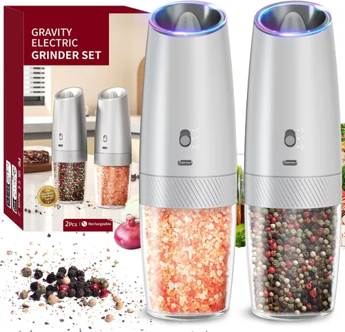 Vista 19 de CIRCLE JOY Gravity - Juego de molinillo eléctrico de sal y pimienta con luz LED, funciona con pilas, grosor ajustable, gran capacidad