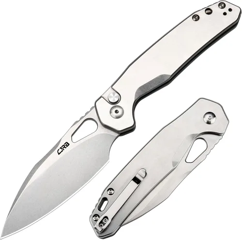 Vista 6 de CJRB Cuchillo de bolsillo Frack, hoja de acero AR-RPM9 de 3.9 pulgadas, con revestimiento de PVD, mango de acero EDC, cuchillo de bloqueo de botón