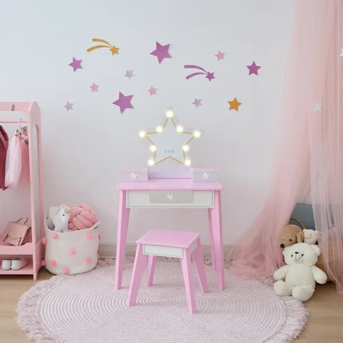 Vista 2 de Teamson Kids Juego de tocador de estrellas con luces LED para niñas, mesa de maquillaje rosa de 2 piezas para niños con espejo, 3 cajones