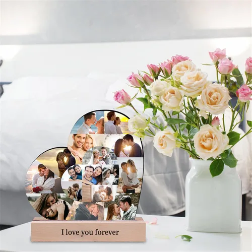 Vista 6 de Marco de fotos personalizado con collage de corazón, placa de madera con base para el día de San Valentín, boda, aniversario, cumpleaños, decoración