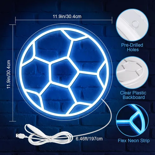 Vista 2 de Letrero de neón de fútbol, letreros de neón LED de fútbol para decoración de pared, luz de fútbol regulable alimentada por USB con interruptor