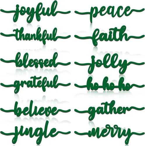 Vista 7 de 12 piezas de letreros de madera con palabras navideñas recortadas "Joyful Merry Thankful Grateful Blessed Peace Gather" para decoración de plato