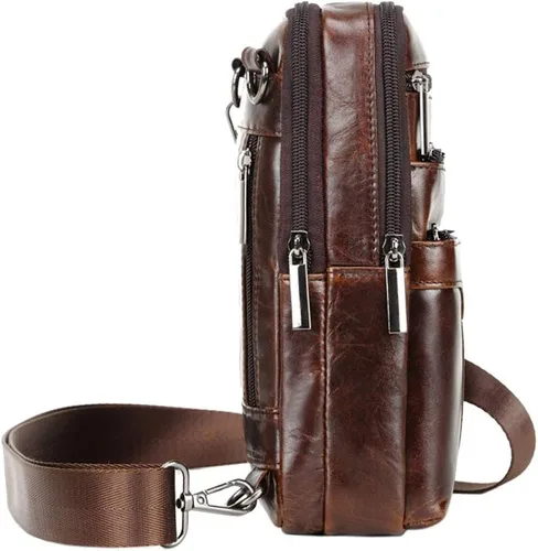 Vista 4 de Hebetag Bolso bandolera de cuero pequeño para hombres y mujeres, para viajes al aire libre, negocios