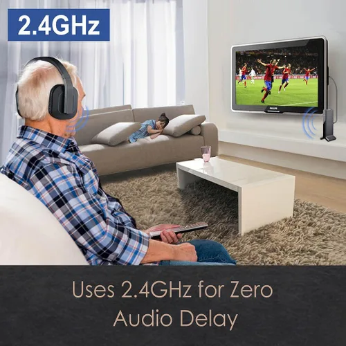 Vista 4 de Avantree HT280 - Auriculares inalámbricos para ver televisión con base de carga de transmisor RF de 2.4G, sistema óptico digital, auriculares