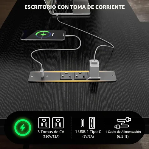 Vista 4 de Korfile - Escritorio para computadora en forma de L de 59 pulgadas con tomas de corriente, color negro