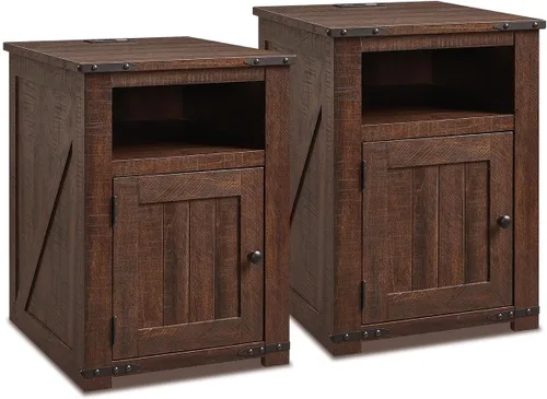 Vista 8 de IFGET - Mesita de noche con estación de carga, mesa auxiliar de 20" estilo granja con puerta de granero, mesa de sofá rústica de madera para cama