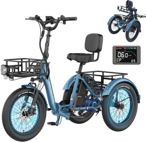 Vista 13 de MOONCOOL Triciclo eléctrico para adultos, 500 W/750 W 48 V, triciclo eléctrico plegable de potencia máxima 1100 W, neumático grueso de 20 x 3.0