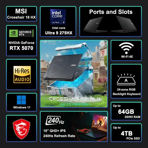 Vista 2 de MSI Crosshair 18 HX AI Gaming Laptop 18" QHD+ 240Hz (100% DCI-P3) Intel 24-core Ultra 9 275HX (>i9-14900HX) 32GB DDR5 1TB SSD GeForce RTX 5070