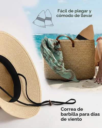 Vista 3 de FURTALK Sombrero de paja para mujer, con protección UV, plegable, plegable, para verano, con protección UV Negro