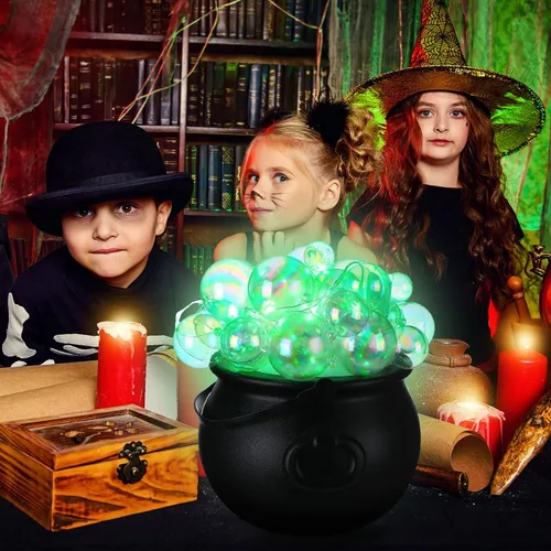Vista 4 de Jenaai Juego de 96 calderos burbujeantes de Halloween con 40 adornos de bola, 2 tiras de luces de 0.71 oz, 2 arañas falsas, 50 puntos adhesivos