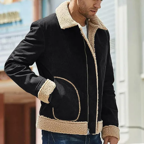 Vista 4 de BIFUTON Abrigos de invierno para hombre, chaqueta vintage de piel sintética con forro de sherpa, abrigos de lana de oveja pesados, chaquetas