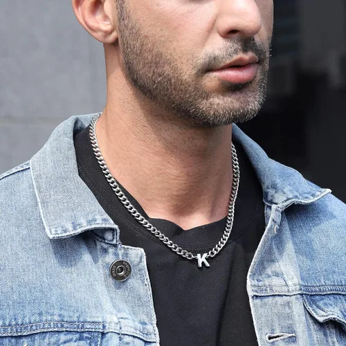 Vista 4 de DuoDiner Collar de cadena de eslabones cubanos con inicial A-Z para niños, hombres y mujeres, colgante de letra, acero inoxidable, 0.256in, 18+2