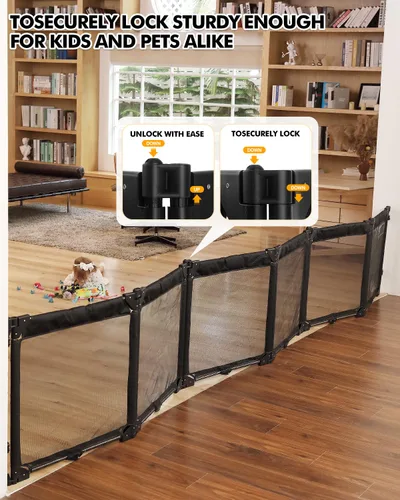Vista 3 de Puerta de corral para bebés extra ancha con malla resistente al calor, valla plegable de 6 paneles para bebés, barrera de seguridad