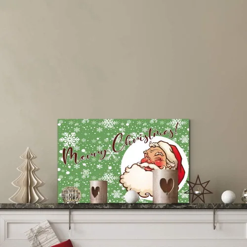 Vista 5 de Renditions Galley - Arte de pared de Papá Noel de dibujos animados, fondo de copo de nieve verde y blanco, decoraciones de Navidad lindas y frescas