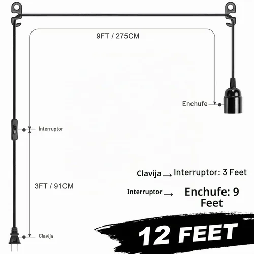 Vista 2 de Cable de luz colgante de extensión de 12 pies con portalámparas, cable de luz colgante con base E26, interruptor de encendido/apagado, enchufe Negro