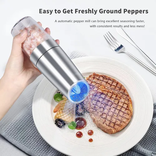 Vista 2 de EasyCom Gravity - Molinillo de sal y pimienta, funciona con pilas con luz LED, grosor ajustable, molinillo de pimienta automático con una mano