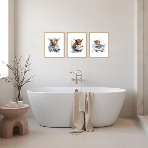 Vista 2 de Arte Divertido de Pared para Baño con Imágenes de Vaca de las Tierras Altas Escocesas, Decoración de Pared, Vaca Tierna en Bañera, Impresiones