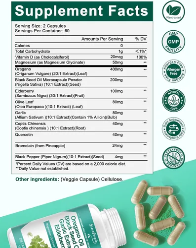 Vista 5 de Cápsulas de aceite de orégano orgánico, mezcla 11 en 1 con aceite de semilla negra, saúco, ajo, hoja de olivo, magnesio y pimienta negra