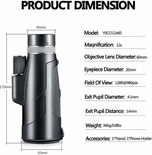 Vista 7 de YSCO Monocular Telescope for Smartphone, Monoculars for Adult High Power with Night Vision, Handheld Telescope with Tripod and Phone Holder, 60mm