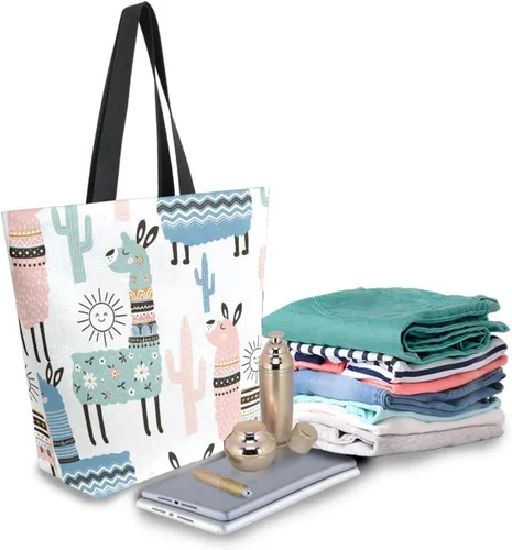 Vista 7 de SUABO Bolsa de asas de cocina reutilizable para comestibles, bolsa de compras de lona para exteriores Llama