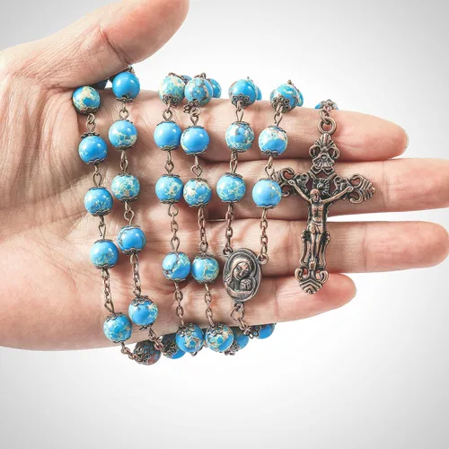 Vista 5 de Nazareth Store Collar de cuentas de jaspe azul océano con diseño vintage natural, medalla de suelo sagrado y cruz crucifijo rosarios religiosos