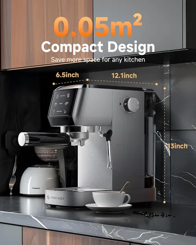 Vista 8 de AMZCHEF Máquina de café expreso de 20 bares: cafetera profesional con espumador de leche, temperatura y presión ajustables, cafetera compacta