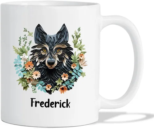 Vista 8 de Taza de café blanca personalizada con nombre de amante de escarabajos, taza de café personalizada de origami de 11 15 onzas, taza de café floral