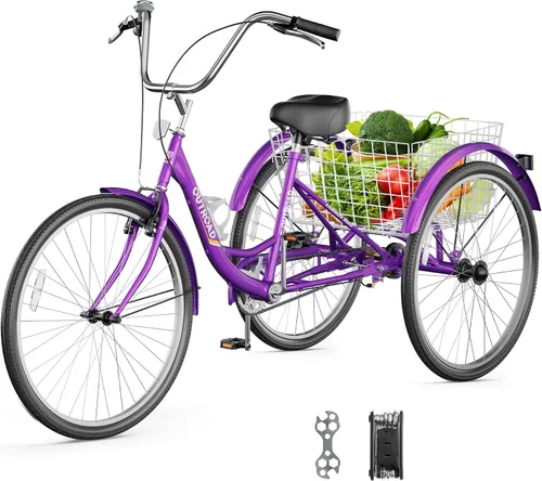 Vista 10 de Outroad - Triciclo Comfort de 24/26 pulgadas, triciclo de crucero de 1 velocidad, bicicletas de 3 ruedas con cesta grande para personas mayores