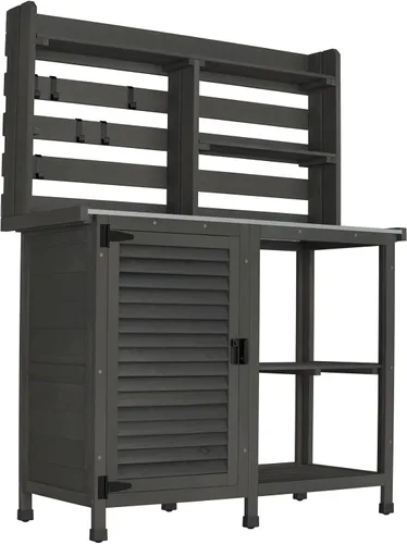Vista 8 de GDLF Mesa de banco para macetas, banco de trabajo grande para jardín, al aire libre, estación de trabajo de mesa de metal con estante de gabinete