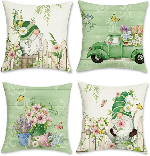 Vista 7 de Bonhause Juego de 4 fundas de cojín decorativas de 18 x 18 pulgadas con diseño de margaritas de gnomos y flores de primavera y verano, camión, Love