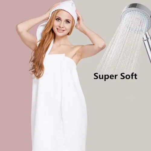 Vista 4 de Keenso Juego de albornoz de spa para mujer con gorro de secado de pelo, toalla suave de secado rápido, diseño ajustable, blanco, rosa, azul, 35.4 x