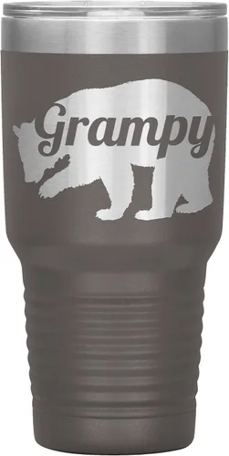 Vista 4 de Grampy Bear - Vaso de acero inoxidable grabado con aislamiento de 30 onzas, color negro Insulated Travel Mug, Engraved Bear Design, Grampy Gift