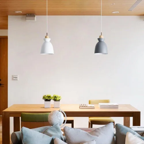 Vista 7 de Modern Minimalist Bell Metal Pendant Light Fixture Wood Accent, Small Hanging Lamp for Dining Room Kitchen Island Bedroom Bedside Cafe, Adjustable