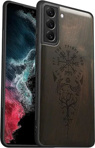 Vista 10 de Carveit Funda para Galaxy S22 Ultra de madera compatible con S22 Ultra Viking Compass Vegvisir-Rosy Madera real dura, TPU suave, funda protectora