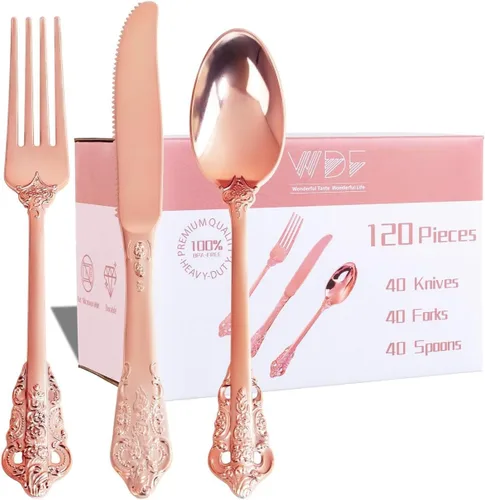 Vista 9 de WDF 100 cucharas de plástico plateadas desechables, cubiertos de plata barrocos de 6.93 pulgadas para pastel de postre, cucharas de plástico