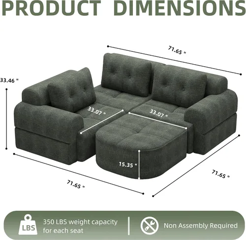 Vista 6 de Sofá seccional comprimido sin hueso de 112 pulgadas con otomana movible convertible en forma de L sofá esquinero modular para sala de estar, sofás