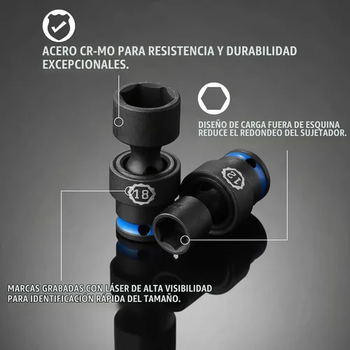 Vista 5 de DURATECH - Juego de llaves de impacto de 3/8 de pulgada, universal, con junta universal, 11 piezas, métricas, de 8 a 19 mm, acero Cr-Mo, organizadas