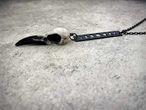 Vista 5 de Lariat Moon Phase Bar Raven Skull Necklace - Vertical Bar Lunar Charm