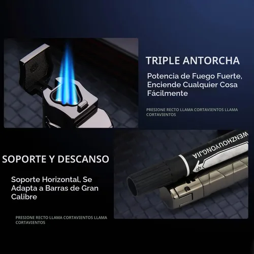 Vista 3 de PROMISE Encendedor de metal Triple Jet Flame recargable de butano resistente al viento, butano no incluido (negro)