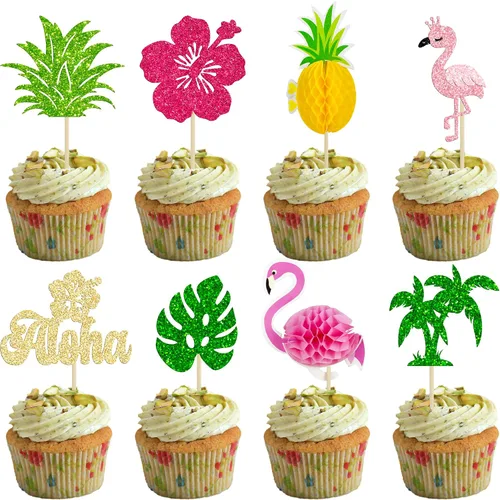 Vista 10 de Gyufise 1 decoración de pastel de flamenco con purpurina para decoración de pastel de flamenco para decoración de pastel hawaiano Luau tropical piña